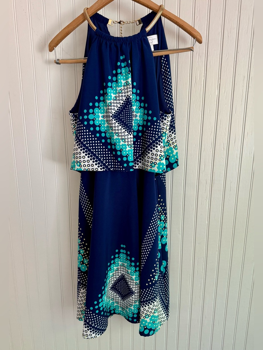 Jessica Simpson Navy and Teal Mini Dress Size 4 With White Geometric Dot Print